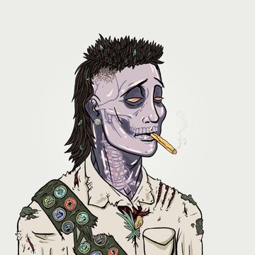 A stylized illustration of a zombie-like figure with spiky dark hair, pale skin, and a cigarette in its mouth, wearing a tattered white shirt with a patched strap.
