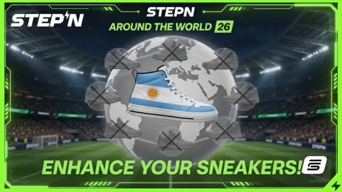 The image features an advertisement for a sneaker enhancement service called "STEPN AROUND THE WORLD". The background of the image shows a soccer stadium with fans watching the game, indicating that this event takes place during a major soccer match. The text on the image promotes the idea of enhancing one's sneakers to make them more stylish and unique, using the example of a pair of blue and white sneakers displayed in the center of the image.