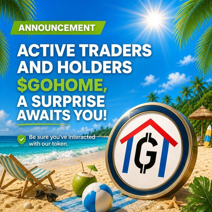 An announcement for $GOHOME token holders promises a surprise, with the coin's logo prominently displayed on a tropical beach. This image visually supports the idea of long-term holding by associating the token with a relaxed, beach-like "home" setting.