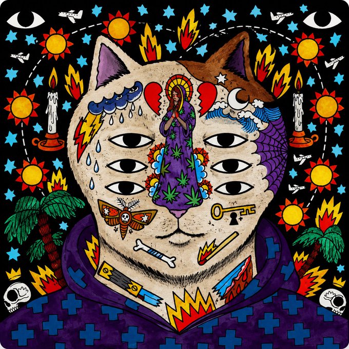 Vibrant folk-art style illustration of a cat-like figure with multiple eyes, a religious icon (resembling Virgin Mary) on its forehead, surrounded by symbols including skulls, flames, hearts, lightning bolts, broken hearts, moths, and stars.