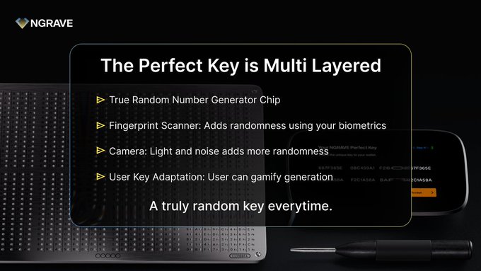 An NGRAVE promotional graphic titled 'The Perfect Key is Multi Layered,' listing True Random Number Generator, Fingerprint Scanner, Camera, and User Key Adaptation features over images of a hardware wallet.