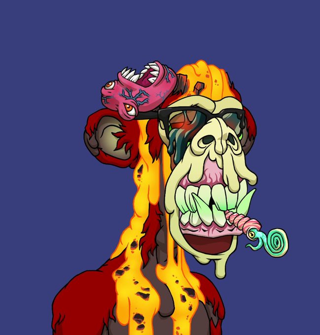 A grotesque cartoon illustration of a melting ape head covered in dripping yellow slime, wearing sunglasses and holding a pink carnivorous plant toy in its mouth.