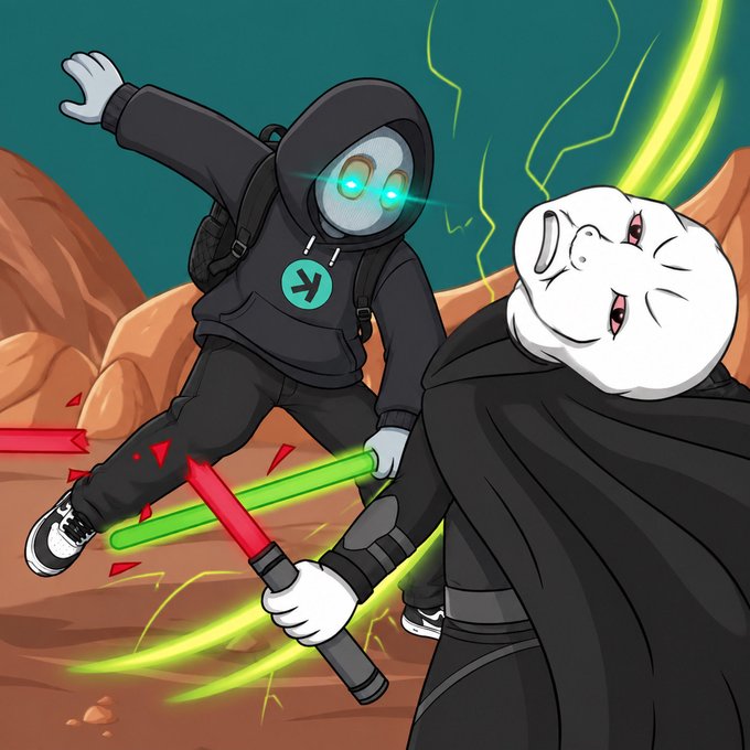 An animated illustration depicts a hooded figure with glowing teal eyes (bearing the $CATE symbol) clashing lightsabers with a goat-headed character resembling a Sith, with a red blade striking through the hooded figure's leg—visually representing the "Poor Goat" panelist's participation in the upcoming $CATE Twitter Space battle of crypto and market discussions.