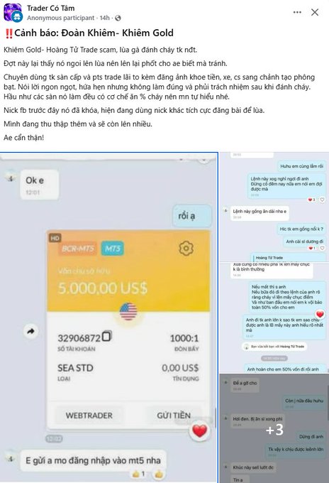 A Facebook post by "Trader Cô Tâm" warns that Khiem Gold-Hoang Tu Trade is a scam, accompanied by screenshots of chat conversations showing a victim being persuaded to deposit $5,000.00 US$ into an account with account number 32906872, referencing the MT5 trading platform. The messages highlight the scammer's tactics of building trust and encouraging larger deposits, aligning with the context of fraudulent investment schemes.