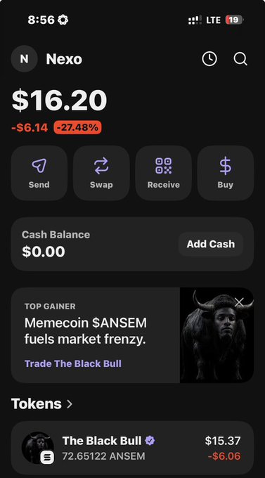 A Nexo crypto app screenshot showing a portfolio value of $16.20, down 27.48% (-$6.14), with 'The Black Bull' ($ANSEM) as the top gainer at $15.37.