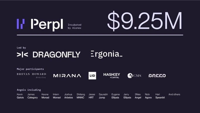 The image is an announcement graphic for Perpl's $9.25M funding round, led by Dragonfly and Ergonia, with major participants including Brevan Howard Digital, Mirana, L1D, HashKey Capital, CMS, and Breed, plus notable angel investors—tied to the post announcing that Perpl's trading platform is now live to use.