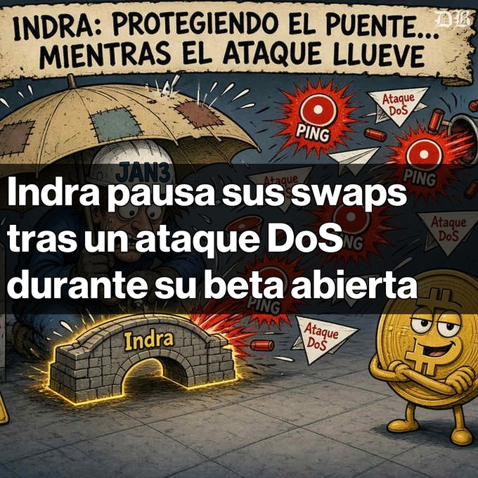 The image is a comic-style illustration depicting Indra (shown as a figure holding an umbrella protecting a stone bridge labeled "Indra") being bombarded by DoS (Denial of Service) attacks represented as red "PING" explosions, while a Bitcoin coin character labeled "JAN3" looks on. The Spanish text reads "INDRA: PROTEGIENDO EL PUENTE... MIENTRAS EL ATAQUE LLUEVE" (Indra: Protecting the bridge... while the attack rains down), and overlaid text states "Indra pausa sus swaps tras un ataque DoS durante su beta abierta" (Indra pauses its swaps after a DoS attack during its open beta), illustrating how JAN3 had to halt Indra's swap services due to the denial-of-service attack shown hammering the bridge.