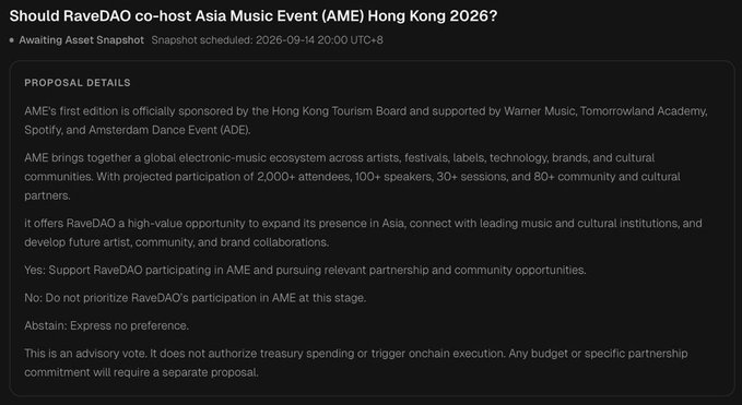 A RaveDAO governance proposal titled "Should RaveDAO co-host Asia Music Event (AME) Hong Kong 2026?" awaiting an asset snapshot, detailing sponsorship by the Hong Kong Tourism Board, Warner Music, and others, with voting options of Yes, No, or Abstain.