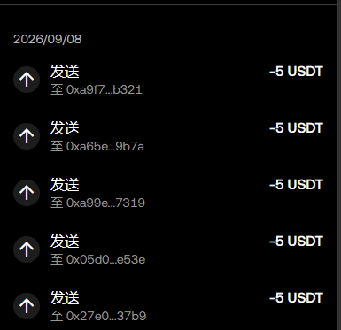 A screenshot of a transaction history dated 2026/09/08 showing five outgoing USDT transfers of 5 USDT each to different addresses (0xa9f7...b321, 0xa65e...9b7a, 0xa99e...7319, 0x05d0...e53e, 0x27e0...37b9), illustrating the claimed distribution of rewards for recipients to check and collect.