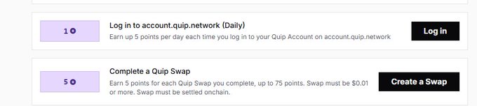 A Quip Network rewards page displays two point-earning activities: 'Log in to account.quip.network (Daily)' worth 10 points and 'Complete a Quip Swap' worth 50 points.