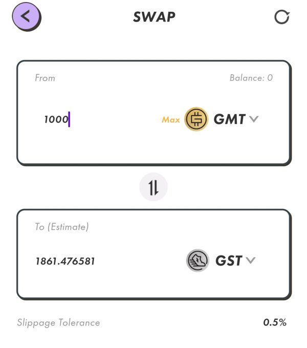 Screenshot of a cryptocurrency SWAP interface showing an exchange of 1000 GMT tokens to an estimated 1861.476581 GST tokens with a 0.5% slippage tolerance.