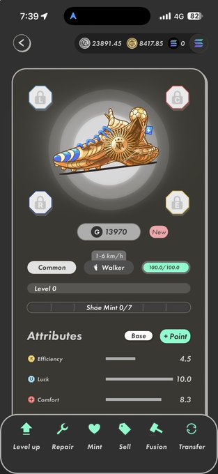 A mobile game screen displays a golden running shoe NFT with attributes Efficiency 4.5, Luck 10.0, and Comfort 8.3, costing G 13970.