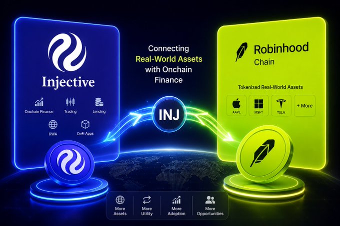 A dual-platform graphic highlights the cross-listing of Injective ($INJ) and Robinhood Chain's tokenized real-world assets (including AAPL, MSFT, and TSLA), with the central tagline "Connecting Real-World Assets with Onchain Finance" and arrows showing two-way integration between the Injective ecosystem (Onchain Finance, Trading, Lending, RWA, DeFi Apps) and Robinhood Chain.