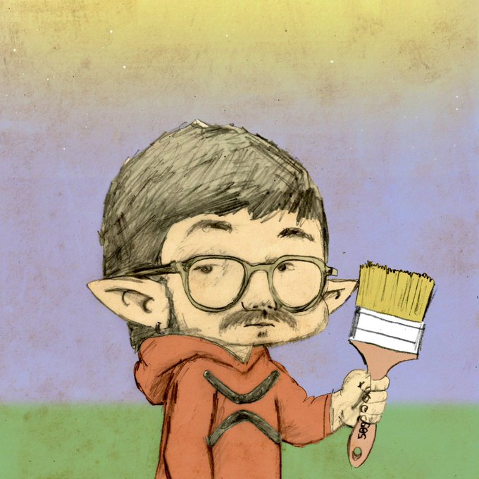 A watercolor-style illustration of a person with pointed elf ears, glasses, and a mustache wearing a red hoodie and holding a large paintbrush.
