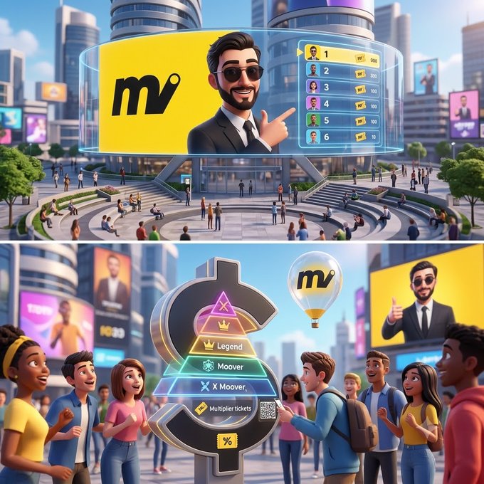 A vibrant 3D cartoon advertisement for a crypto project featuring a bearded man with sunglasses, a leaderboard, and a tier pyramid labeled 'Legend' and 'Moover' with people interacting around it.