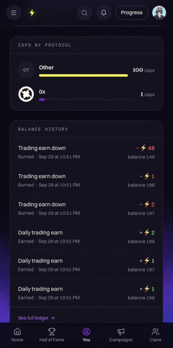 A mobile app screen titled 'ZAPS BY PROTOCOL' shows 'Other' at 100 zaps and '0x' at 1 zap, followed by a 'BALANCE HISTORY' section listing multiple 'Trading earn down' and 'Daily trading earn' transactions dated Sep 29, all timestamped at 10:51 PM.