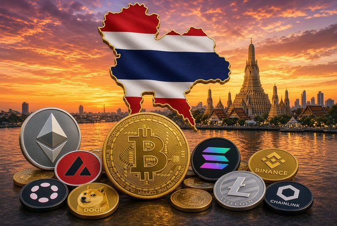 A digital illustration showing the map of Thailand in the colors of its national flag superimposed over a sunset cityscape of Bangkok, with a pile of cryptocurrency coins (Bitcoin, Ethereum, Doge, Litecoin, etc.) at the bottom.
