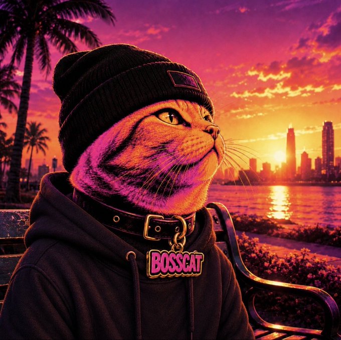 A tabby cat wearing a black beanie and hoodie sits on a bench overlooking a neon pink-and-orange city skyline, sporting a chunky collar with a tag reading **"BOSSCAT"** — a feline embodiment of the "$BOSSCAT in control" meme, looking out over its domain at sunset.