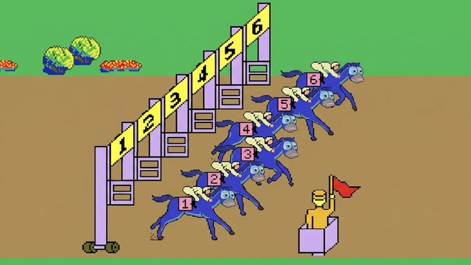 A retro video game style illustration showing six blue horse and rider figures numbered 1-6 at starting gates, about to race on a dirt track toward a flag holder.