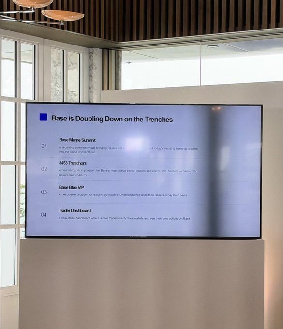A presentation slide titled 'Base is Doubling Down on the Trenches' lists four initiatives: 'Base Meme Summit', '8453 Trenches', 'Base Blue VIP', and 'Trader Dashboard', with descriptions of each.