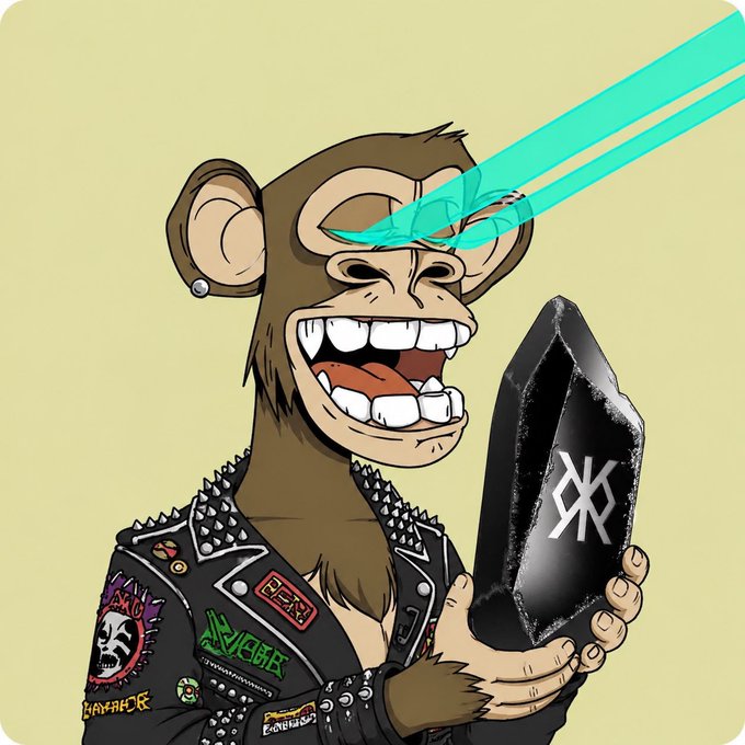 The image features a cartoon monkey wearing a leather jacket, holding up a large crystal or gemstone with its hands. The caption of the image reads "Hey @AdamWeitsman That's an incredible Birthday wish & would be great for the entire crypto ecosystem @opensea Ordinals Do you hold any Runestones?". This post seems to be related to the image as it talks about the crystal and possibly has a connection with cryptocurrency or gemstones.

The monkey is wearing a leather jacket, which could be considered a symbol of rock 'n' roll fashion. The caption also mentions "opensea Ordinals Do you hold any Runestones?". This phrase might be referring to the popularity of certain gemstones or crystals in the market, possibly related to cryptocurrency or gemstone trading.