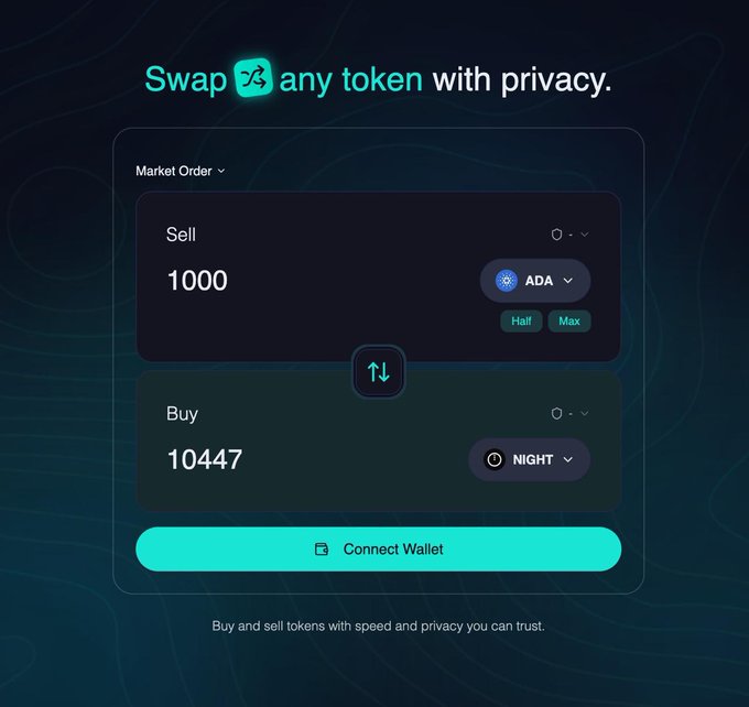 A cryptocurrency swap interface shows 'Swap any token with privacy,' with a market order to sell 1000 ADA and buy 10447 NIGHT tokens, featuring a 'Connect Wallet' button.