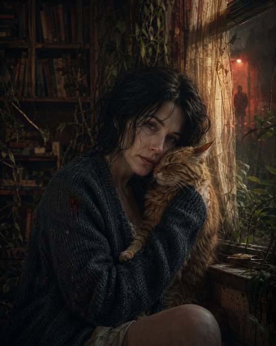 A moody, cinematic image of a woman with dark hair in a blue cardigan tenderly holding an orange tabby cat, set in a dimly lit room with bookshelves, vines, and a glowing red light in the background.