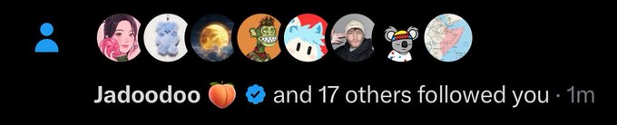 A social media notification bar indicating that user 'Jadoodoo' (with a peach and verified checkmark emoji) and 17 others have followed the user, posted 1 minute ago.