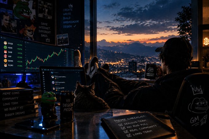 A person wearing a black cap sits with feet up at a desk looking out a window at a cityscape at dusk, surrounded by multiple monitors showing cryptocurrency charts, a cat figurine, and text including 'DOGE +10.2%', 'PEPE', 'WIF +9.3%', 'SHIB', 'BONK +19.2%', 'FLOKI +11.6%', 'MEME COINS', and 'DEGEN MODE'.