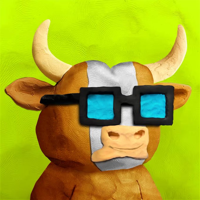 A 3D-rendered claymation-style bull wearing pixelated black sunglasses with blue lenses against a bright green background.