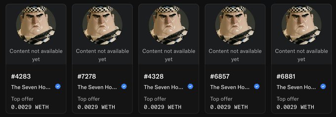 A screenshot showing five NFT listings from "The Seven Ho..." collection, each marked "Content not available yet" with verified blue checkmarks, priced at 0.0029 WETH as the top offer.