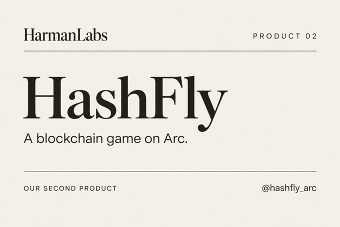 A minimalist title card introduces 'HashFly' from HarmanLabs, labeled as 'Product 02' and 'A blockchain game on Arc,' with the handle @hashfly_arc.