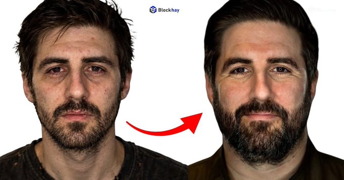 A side-by-side comparison image from Blockhay showing a man's striking before-and-after transformation, with the left photo depicting him looking disheveled and exhausted during his rock-bottom period of addiction, debt, and bankruptcy, while the right photo shows him well-groomed, confident, and successful as the owner of a football club and Bitcoin media empire builder Peter McCormack, with a red arrow pointing from his past to his present transformation.