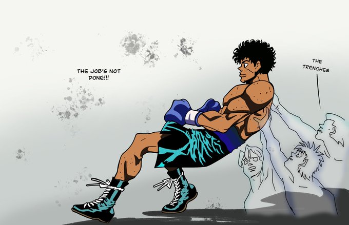 Anime-style boxer leaning back against a rocky surface with text 'THE JOB'S NOT DONE!!!' and 'THE TRENCHES' labeling other fighter silhouettes.