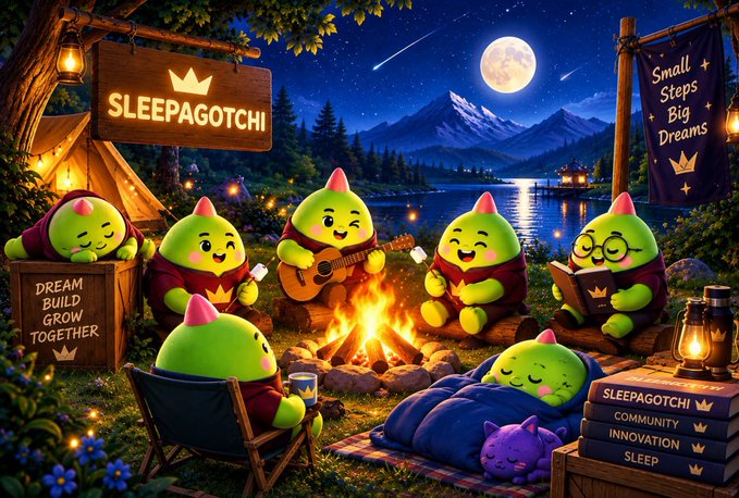 A whimsical digital illustration features cute green 'Sleepagotchi' characters gathered around a campfire at night under a full moon, with signs reading 'Sleepagotchi' and 'Small Steps Big Dreams'.