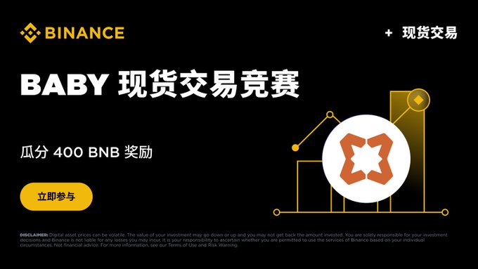 This is a Binance advertisement promoting a "BABY 现货交易竞赛" (BABY Spot Trading Competition), offering traders the chance to share in a 400 BNB reward pool by trading the BABY/USDT pair, with a yellow "立即参与" (Join Now) call-to-action button. The image directly supports the post by visually highlighting the 400 BNB prize pool, the BABY token logo, and the spot trading competition theme referenced in the promotional text.