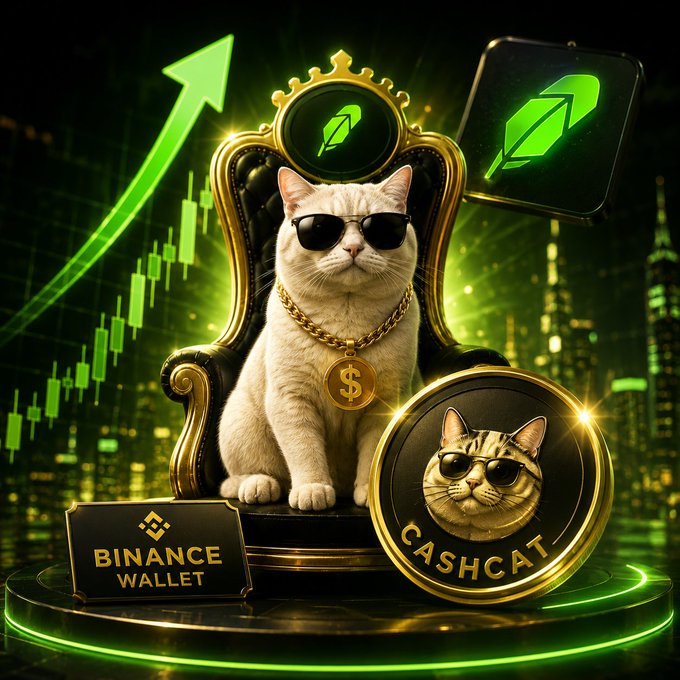 Promotional image featuring a white cat wearing sunglasses and a gold '$' chain sitting on a throne, with 'BINANCE WALLET' and 'CASHCAT' crypto token branding and a green upward chart.