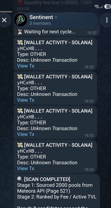A Telegram app screenshot showing a "Sentinel" bot group with messages reading "[WALLET ACTIVITY - SOLANA] yhCxHB... Type: OTHER Desc: Unknown Transaction" along with a "SCAN COMPLETED" message about Meteora API pools.