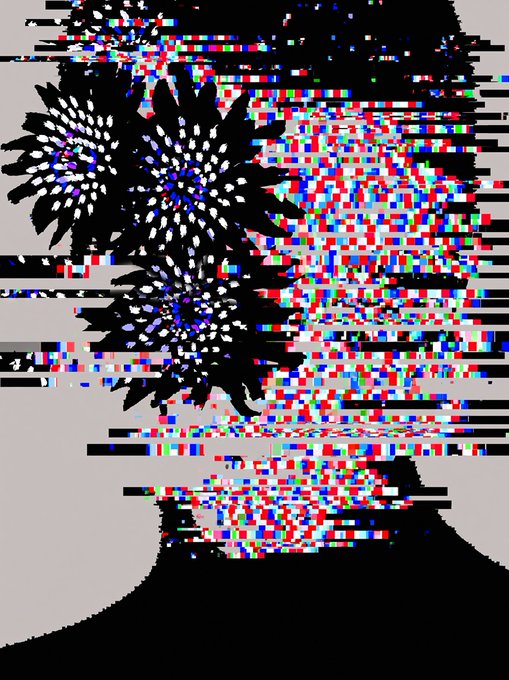 An abstract, pixelated image with black silhouettes resembling fireworks on the left and glitchy red, blue, and green squares scattered across a gray and black background.