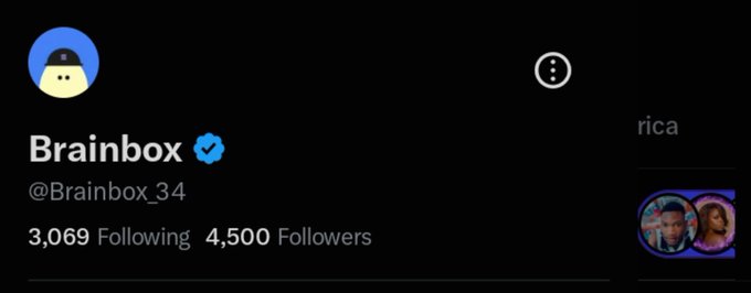 A Twitter/X profile header for Brainbox (@Brainbox_34) with a verified blue checkmark, showing 3,069 Following and 4,500 Followers, featuring a simple cartoon avatar.