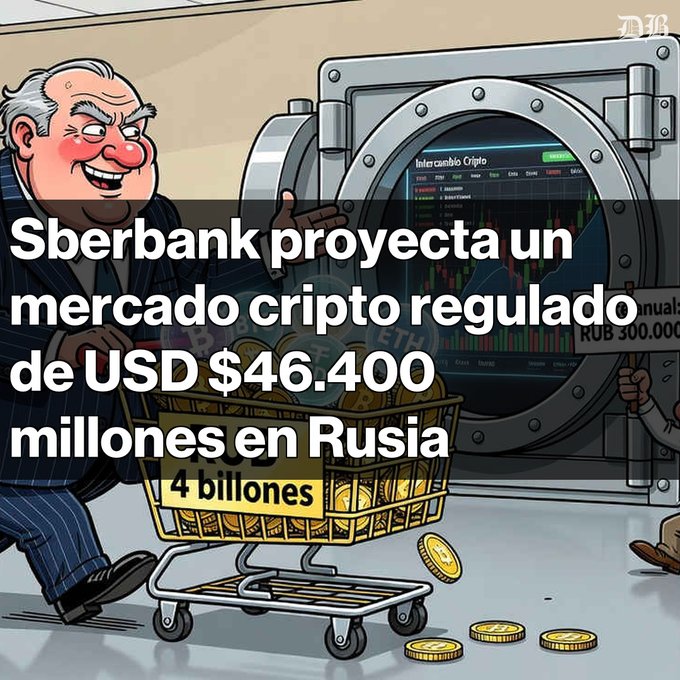 A cartoon illustration shows an older man pushing a shopping cart full of gold coins labeled '4 billones' toward a vault door, with Spanish text overlay reading 'Sberbank proyecta un mercado cripto regulado de USD $46.400 millones en Rusia'.