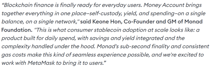 A quote from Keone Hon, Co-Founder and GM of Monad Foundation, discussing blockchain finance and a 'Money Account' feature being brought to MetaMask users through a partnership with Monad.