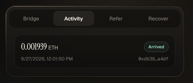 A user shares their confusion about whether the RPC is live, showing a screenshot of a "0.001939 ETH" transaction that has "Arrived" status in the Activity tab dated 9/27/2026, with the truncated hash "0xdb38...a4df"—suggesting their bridge transfer to GIWA has actually been processed successfully despite concerns.