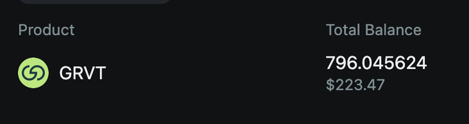 A dark-themed account balance screen showing a product named 'GRVT' with a total balance of 796.045624 valued at $223.47.