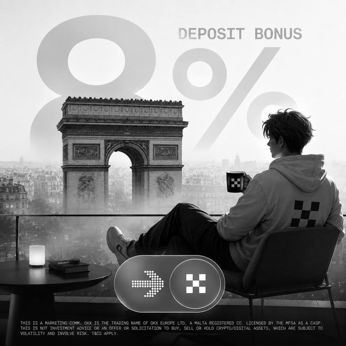 The image is a black-and-white OKX promotional ad featuring a person in a checkered-logo hoodie holding a mug while sitting in a chair overlooking a Paris skyline with the Arc de Triomphe, overlaid with "DEPOSIT BONUS 8%" text, and includes MiCA regulatory disclaimers along with an interface showing a swap to USDC and OKX app icons. The ad directly aligns with the post by promoting OKX's 8% deposit bonus for net deposits in USDC every two weeks over 12 months, under the newly implemented MiCA framework.