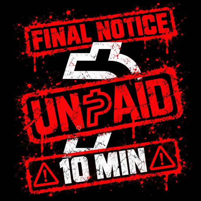 A grunge-style warning graphic with red splattered text reading 'FINAL NOTICE', 'UNPAID', and '⚠️ 10 MIN ⚠️' over a black background.