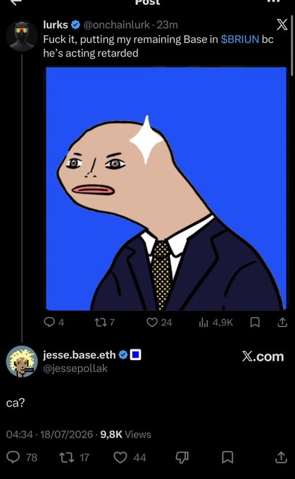 The image is a screenshot of an X (Twitter) post by lurks (@onchainlurk) saying "Fuck it, putting my remaining Base in $BRIUN bc he's acting retarded," featuring a "soyjak NPC" meme of a bald man in a suit with a blank stare. Below it, Jesse Pollak (@jessepollak), creator of Base, replies with simply "ca?" (asking for the contract address), which the caption frames as Jesse Pollak essentially agreeing with the characterization of Brian Armstrong by asking where to buy the meme coin.