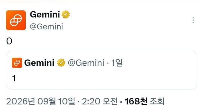 The image shows a screenshot of Gemini's (@Gemini) social media posts displaying "0" and "1" respectively, posted on September 10, 2026. This aligns with the post's observation about a Gemini countdown reaching zero on 9/10, suggesting the end of a predicted timeline tied to "DEBT TO BE WIPED OUT."
