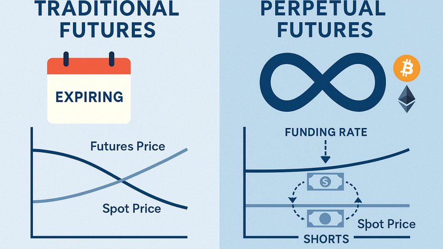Educational infographic comparing 'TRADITIONAL FUTURES' (with an expiring calendar and converging futures/spot prices) and 'PERPETUAL FUTURES' (with an infinity symbol, funding rate, and shorts mechanics) for BTC and ETH.