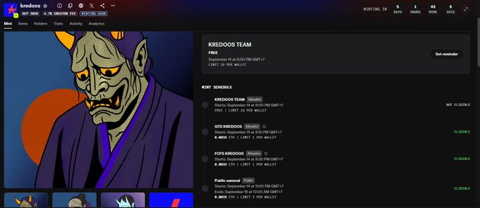 A Kredoos Team webpage showing a green goblin artwork and an event schedule with several listings marked “ELIGIBLE.”